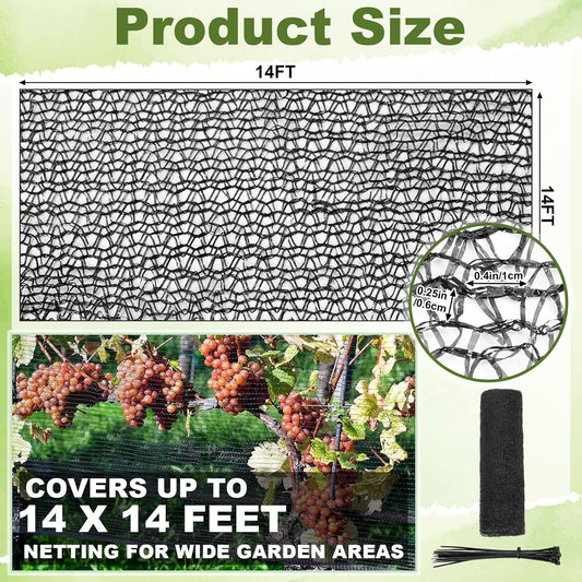 Bird Netting for Garden 14 x 14 ft Garden Netting with 1/4 Inch Mesh Heavy Duty Gardening Protection Mesh for Fruits, Vegetables, Trees, Flowers, Deer, Shields Plants from Birds