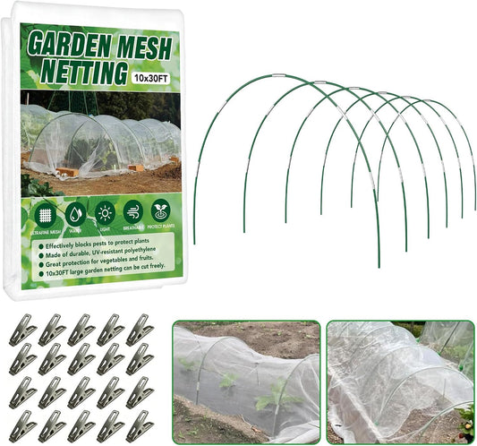 Garden Netting Kit for Raised Beds, 10x30FT Ultra Fine Mesh Netting ＆6 Sets Fiberglass Garden Hoops, Insect Netting for Garden Plant Row Cover Vegetable Flowers Protection Barrier