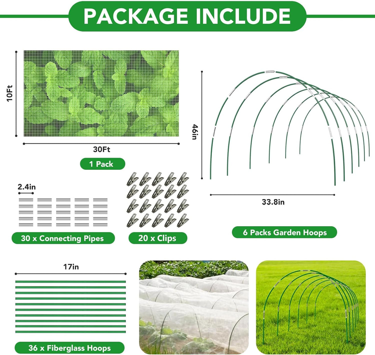 Garden Netting Kit for Raised Beds, 10x30FT Ultra Fine Mesh Netting ＆6 Sets Fiberglass Garden Hoops, Insect Netting for Garden Plant Row Cover Vegetable Flowers Protection Barrier
