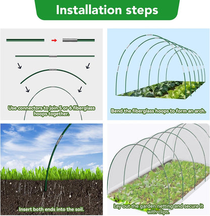 Garden Netting Kit for Raised Beds, 10x30FT Ultra Fine Mesh Netting ＆6 Sets Fiberglass Garden Hoops, Insect Netting for Garden Plant Row Cover Vegetable Flowers Protection Barrier