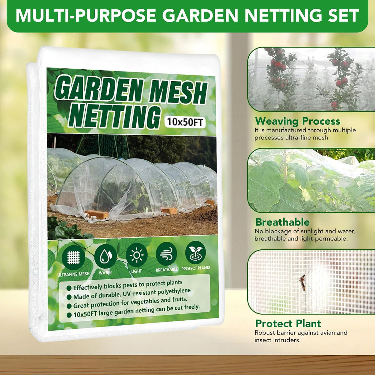 Garden Netting Kit for Raised Beds, 10x30FT Ultra Fine Mesh Netting ＆6 Sets Fiberglass Garden Hoops, Insect Netting for Garden Plant Row Cover Vegetable Flowers Protection Barrier