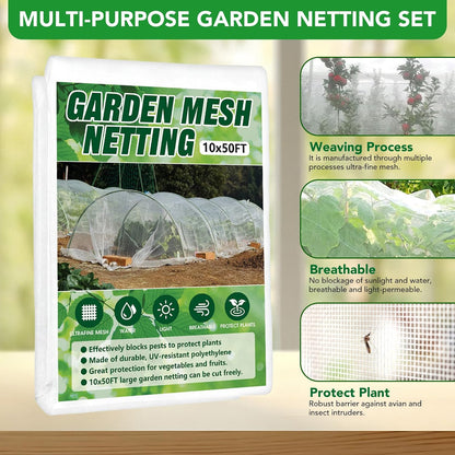 Garden Netting Kit for Raised Beds, 10x30FT Ultra Fine Mesh Netting ＆6 Sets Fiberglass Garden Hoops, Insect Netting for Garden Plant Row Cover Vegetable Flowers Protection Barrier