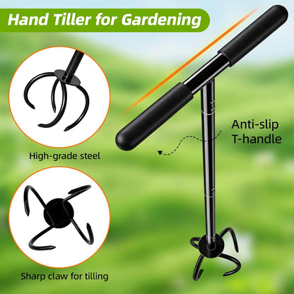 Garden Twist Tiller Cultivator, Manual Hand Tiller Garden Claw Heavy Duty, Lawn Aerator Soil Lossener with Steel Tines and Ergonomic Handle for Garden Bed and Plant Box