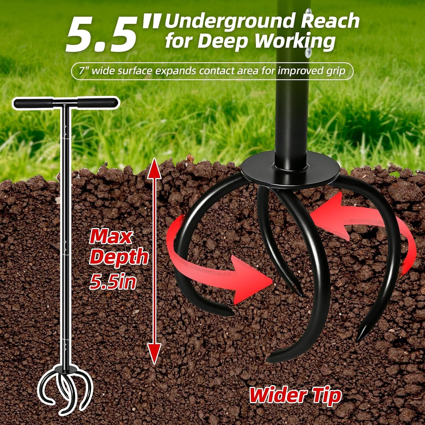Garden Twist Tiller Cultivator, Manual Hand Tiller Garden Claw Heavy Duty, Lawn Aerator Soil Lossener with Steel Tines and Ergonomic Handle for Garden Bed and Plant Box
