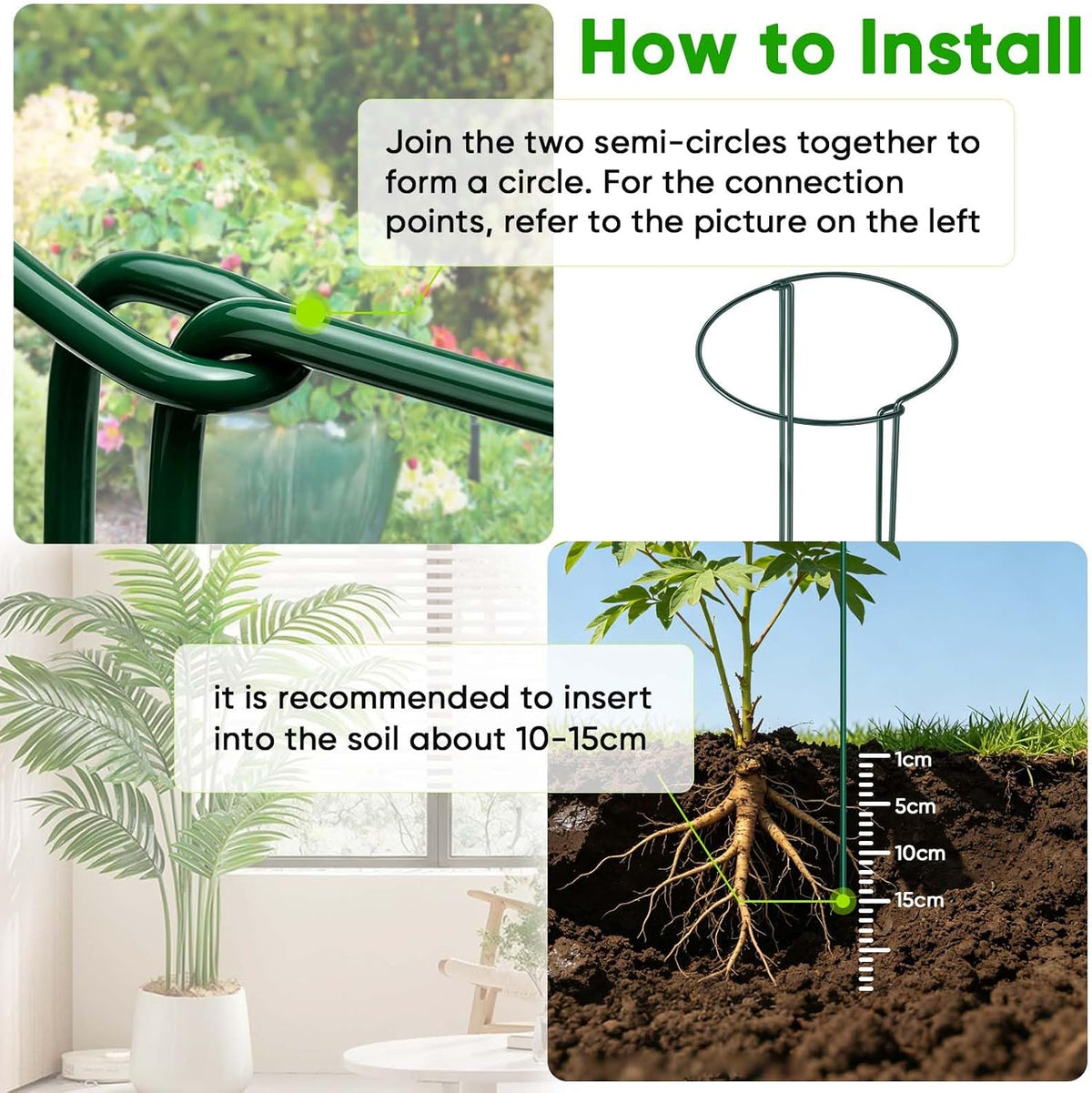 8 Pack Plant Support Stakes, Half Round Metal Garden Plant Stake Indoor Peony Cages and Supports, Green Plant Support Ring Border for Tomato,Hydrangea,Flower Outdoor (10" Wide x 15.8" High)
