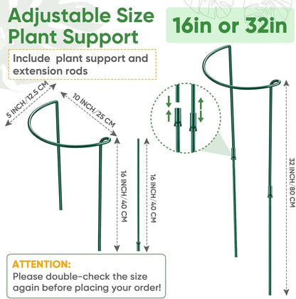 8 Pack Plant Support Stakes, Half Round Metal Garden Plant Stake Indoor Peony Cages and Supports, Green Plant Support Ring Border for Tomato,Hydrangea,Flower Outdoor (10" Wide x 15.8" High)
