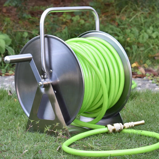 Stainless Steel Garden Hose Reel - Wall/Floor Mounted Metal Water Hose Holder, Heavy Duty Portable Outdoor Water Hose Reel for Lawn & Car Washing Storage