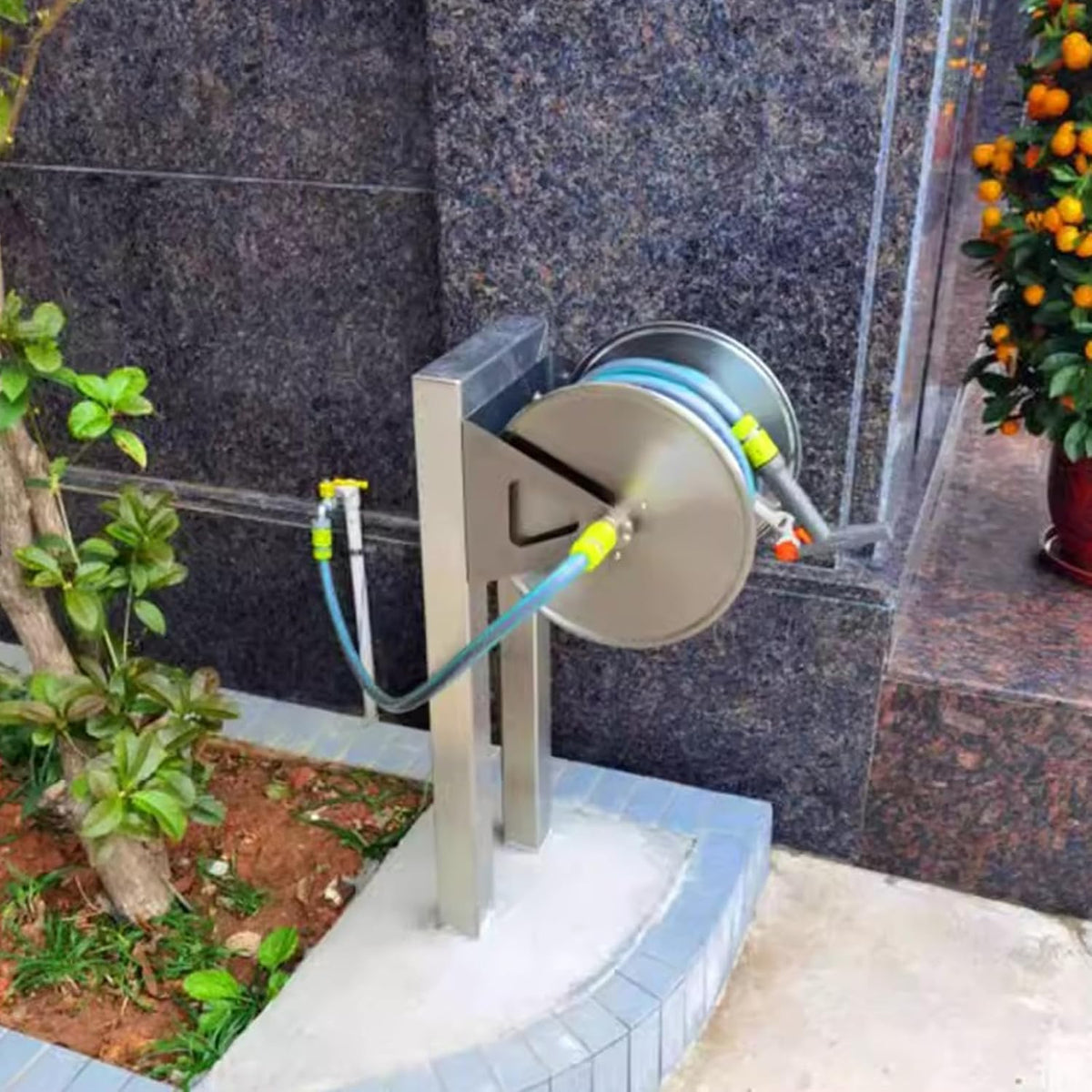 Stainless Steel Garden Hose Reel - Wall/Floor Mounted Metal Water Hose Holder, Heavy Duty Portable Outdoor Water Hose Reel for Lawn & Car Washing Storage