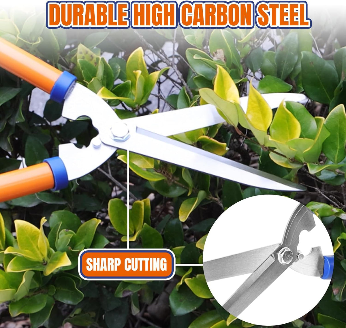 WPR1E95 Hedge Clippers:Bush Clippers With Adjustable Length Handle and Wavy SK-5 Steel Blade,Hedge Shears for Pruning Borders and Bushes, Blue and Yellow