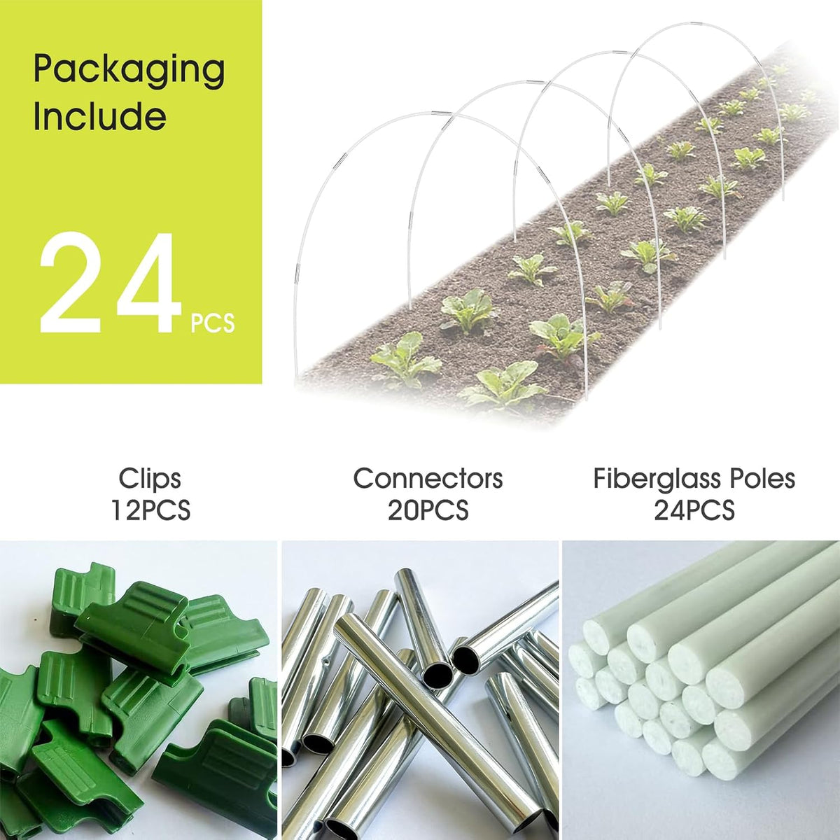 24 PCS Garden Hoops for Raised Beds, Greenhouse Hoops Kit Long Grow Tunnel for Row Cover, Rust-Free Fiberglass Garden Support Poles for Insect Mesh Netting Freeze Plant Cover Frame