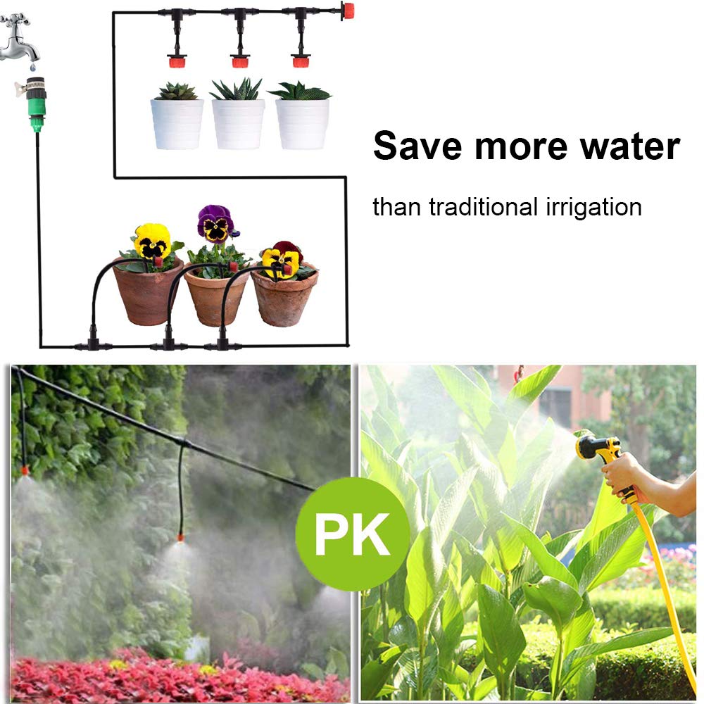 MSDADA Garden 50Ft Automatic Irrigation System, 1/4" Blank Distribution Plant Watering Irrigation Kit Accessories Include Atomizing Nozzle Mister Dripper for Garden, Greenhouse, Flower Bed