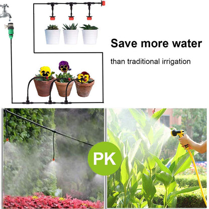 MSDADA Garden 50Ft Automatic Irrigation System, 1/4" Blank Distribution Plant Watering Irrigation Kit Accessories Include Atomizing Nozzle Mister Dripper for Garden, Greenhouse, Flower Bed