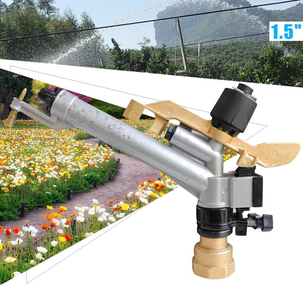 1.5" Irrigation Impact Sprinkler Gun, Zinc Alloy Body, 360 Adjustable Rain Spray Gun, Large Area Water Irrigation Tool for Agriculture Lawn