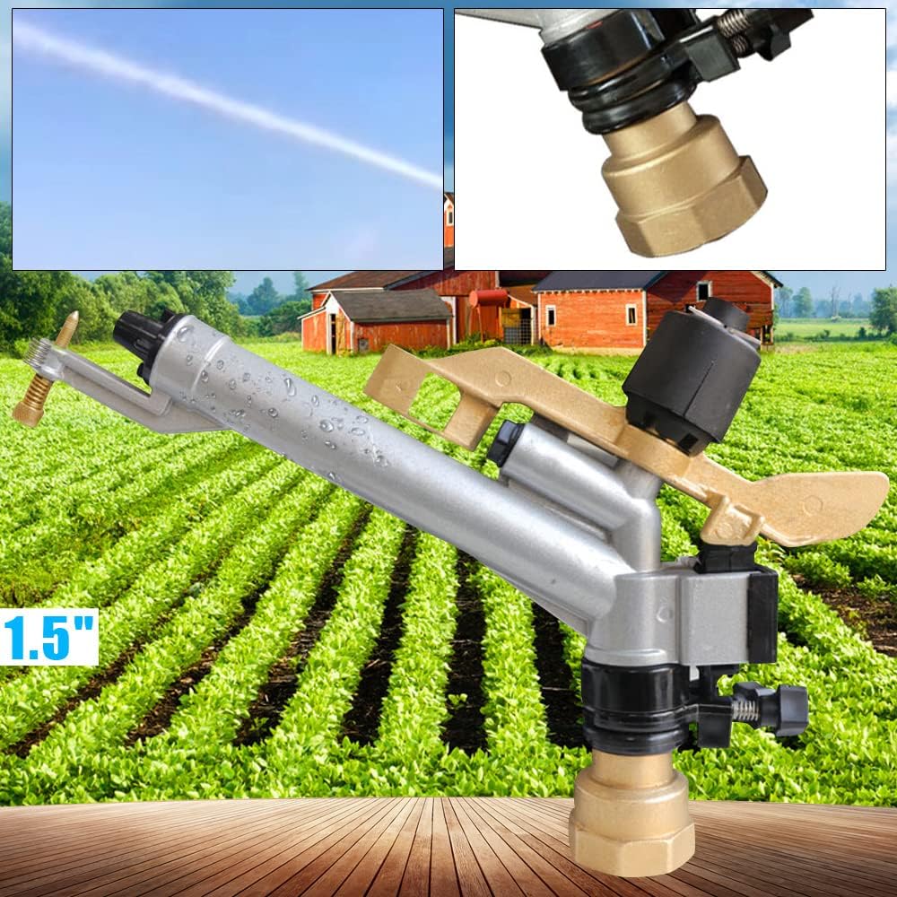 1.5" Irrigation Impact Sprinkler Gun, Zinc Alloy Body, 360 Adjustable Rain Spray Gun, Large Area Water Irrigation Tool for Agriculture Lawn