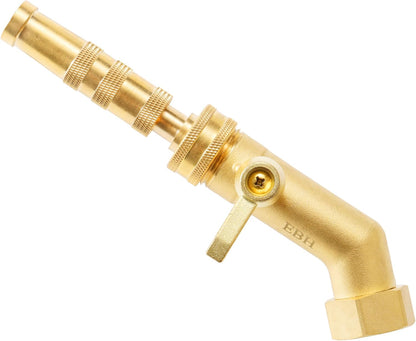 Adjustable Heavy Duty Brass Garden Hose Nozzle - High Pressure Jet Nozzle, 135° Elbow and Comfort Grip with Hose Shut Off Valve, 3/4” GHT Nozzle for Garden Hoses and Car Washes