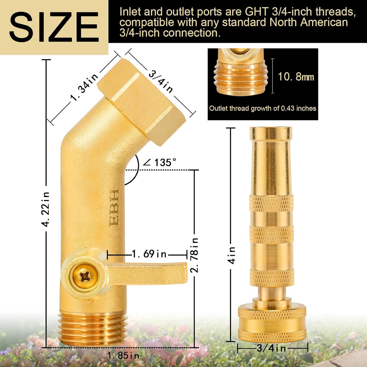 Adjustable Heavy Duty Brass Garden Hose Nozzle - High Pressure Jet Nozzle, 135° Elbow and Comfort Grip with Hose Shut Off Valve, 3/4” GHT Nozzle for Garden Hoses and Car Washes