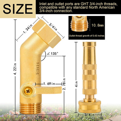 Adjustable Heavy Duty Brass Garden Hose Nozzle - High Pressure Jet Nozzle, 135° Elbow and Comfort Grip with Hose Shut Off Valve, 3/4” GHT Nozzle for Garden Hoses and Car Washes