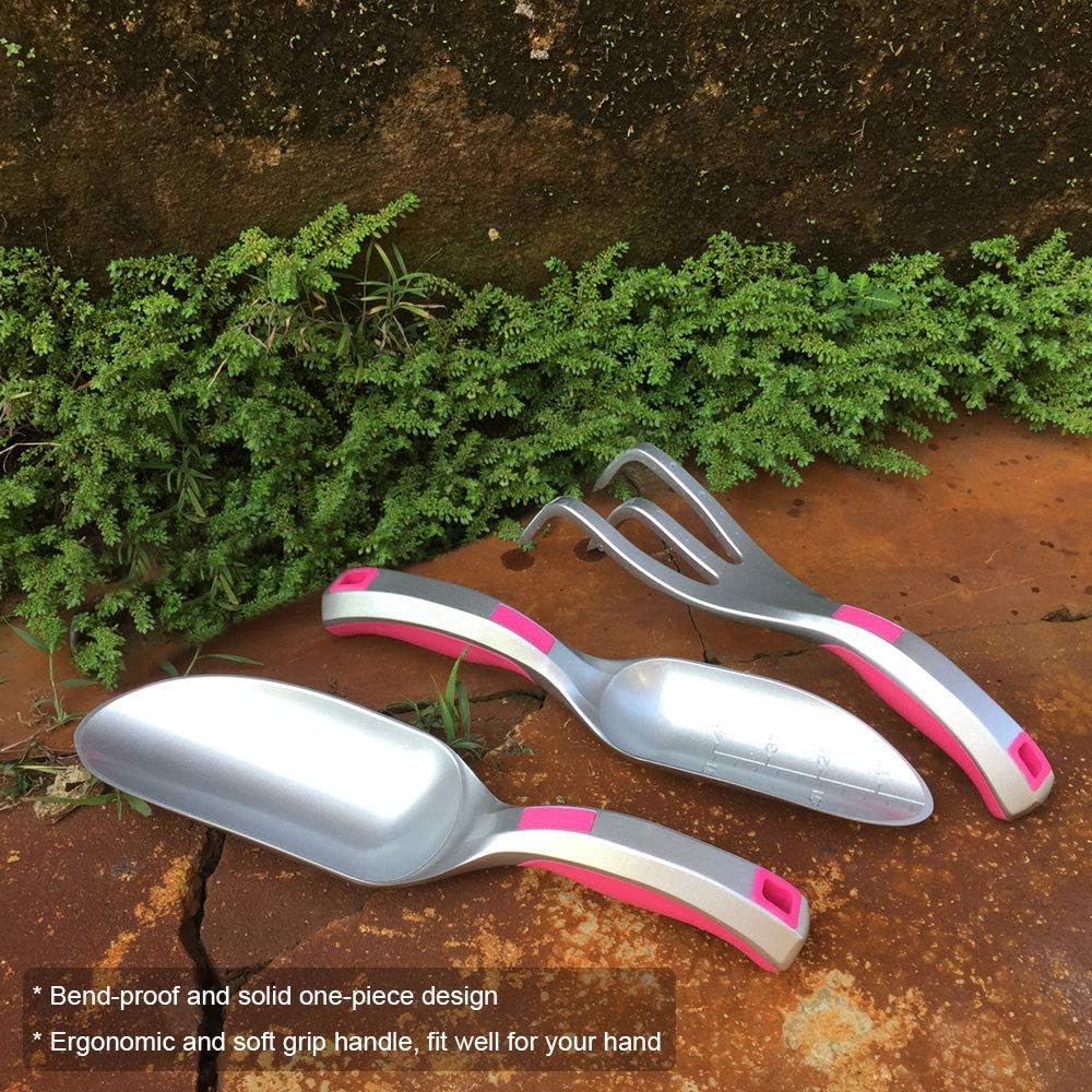 Garden Tool Set, 3PC Bend Proof Gardening Tool Kits (Soil Scooper, Garden Trowel, Cultivator Hand Rake), One-Piece Aluminum, Garden Gift Pink