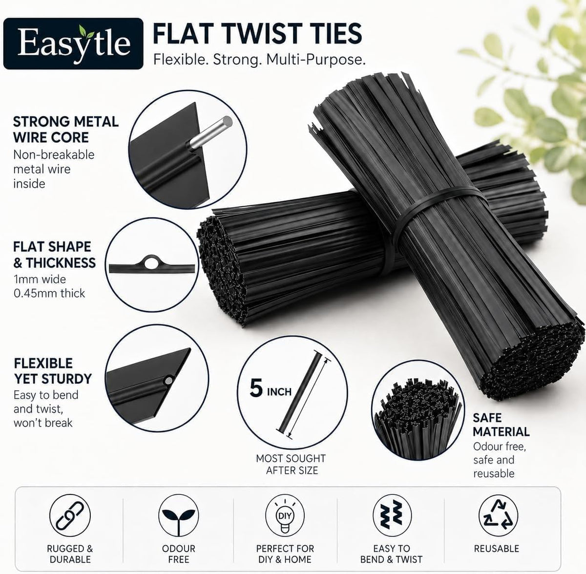 400 Pcs Twist Ties for Bags 5" Cable Ties Bag Twist Ties for Cord Twist Bread Ties Reusable Black Plastic Coated Ties Heavy Duty Bread Ties Twist Wire Ties for Household and Office Use