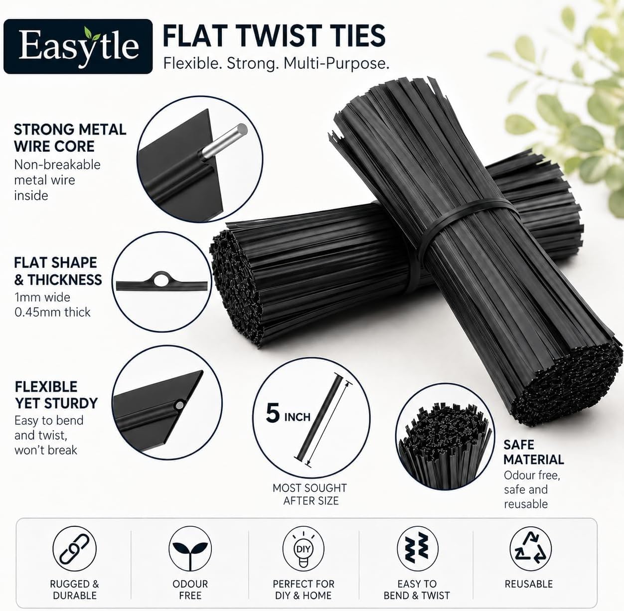 400 Pcs Twist Ties for Bags 5" Cable Ties Bag Twist Ties for Cord Twist Bread Ties Reusable Black Plastic Coated Ties Heavy Duty Bread Ties Twist Wire Ties for Household and Office Use