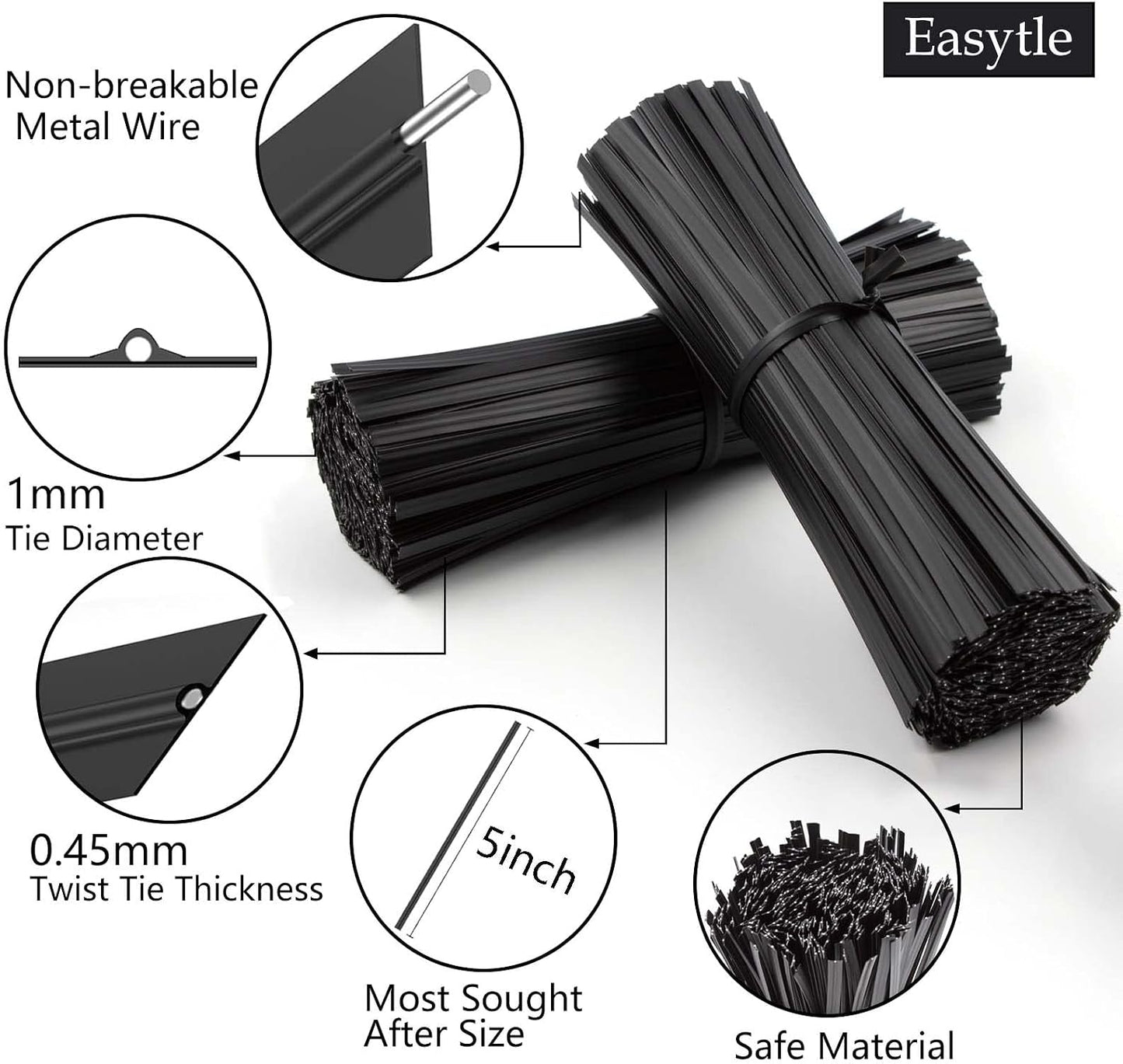 400 Pcs Twist Ties for Bags 5" Cable Ties Bag Twist Ties for Cord Twist Bread Ties Reusable Black Plastic Coated Ties Heavy Duty Bread Ties Twist Wire Ties for Household and Office Use