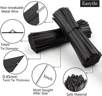 400 Pcs Twist Ties for Bags 5" Cable Ties Bag Twist Ties for Cord Twist Bread Ties Reusable Black Plastic Coated Ties Heavy Duty Bread Ties Twist Wire Ties for Household and Office Use