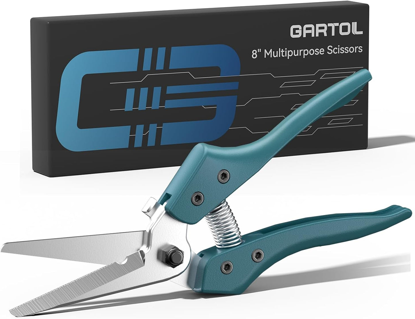 8" Scissors All Purpose Heavy Duty, Ultra sharp Tin Snips with Cable Notch, Finely Serrated Angled-Blades - Industrial Scissors for Carpet, Cardboard, Sheet Metal, Leather, Insulation, Wires
