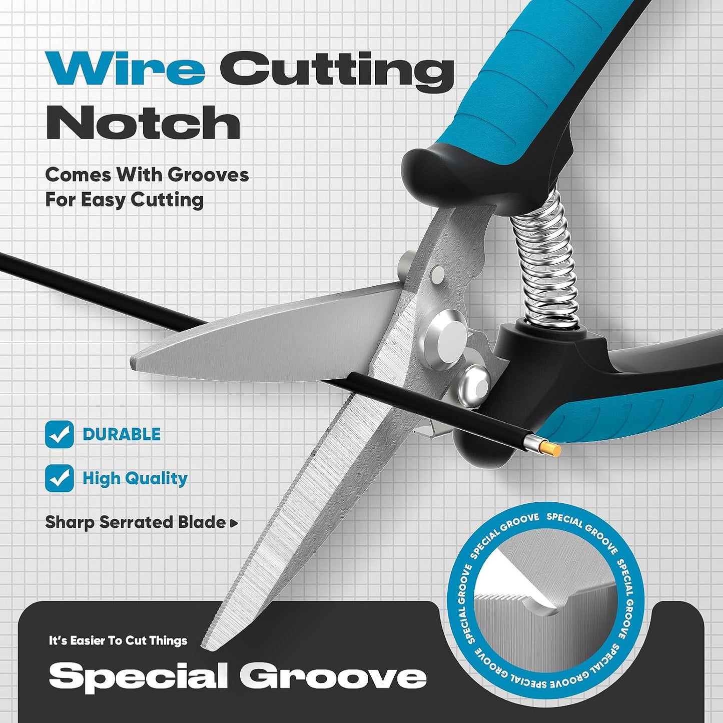 8" Scissors All Purpose Heavy Duty, Ultra sharp Tin Snips with Cable Notch, Finely Serrated Angled-Blades - Industrial Scissors for Carpet, Cardboard, Sheet Metal, Leather, Insulation, Wires