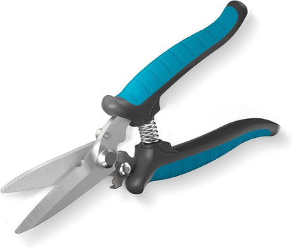 8" Scissors All Purpose Heavy Duty, Ultra sharp Tin Snips with Cable Notch, Finely Serrated Angled-Blades - Industrial Scissors for Carpet, Cardboard, Sheet Metal, Leather, Insulation, Wires