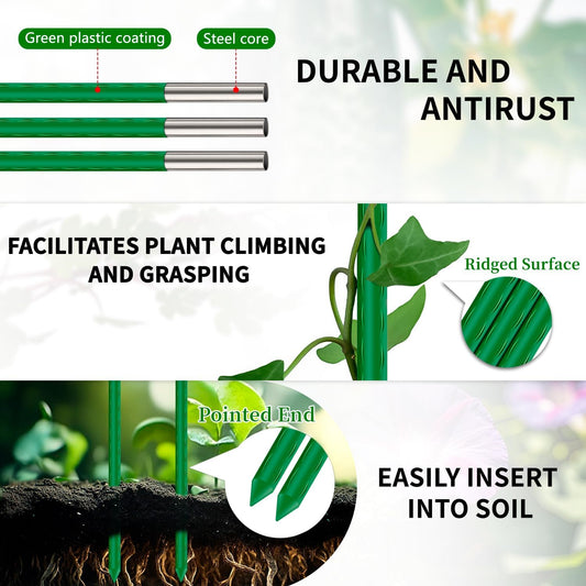 Sturdy Garden Stakes 18 Inch DIY 3/4/5/6/7ft Tomato Support Stake Green Plastic Coated Metal Tall Plant Stick Poles Plants Trellis for Indoor Outdoor Climbing Cucumber Chili Eggplant-20 Packs