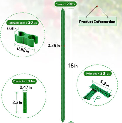 Sturdy Garden Stakes 18 Inch DIY 3/4/5/6/7ft Tomato Support Stake Green Plastic Coated Metal Tall Plant Stick Poles Plants Trellis for Indoor Outdoor Climbing Cucumber Chili Eggplant-20 Packs