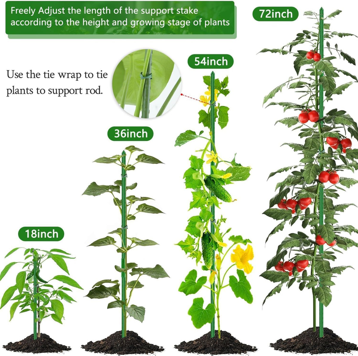 Sturdy Garden Stakes 18 Inch DIY 3/4/5/6/7ft Tomato Support Stake Green Plastic Coated Metal Tall Plant Stick Poles Plants Trellis for Indoor Outdoor Climbing Cucumber Chili Eggplant-20 Packs