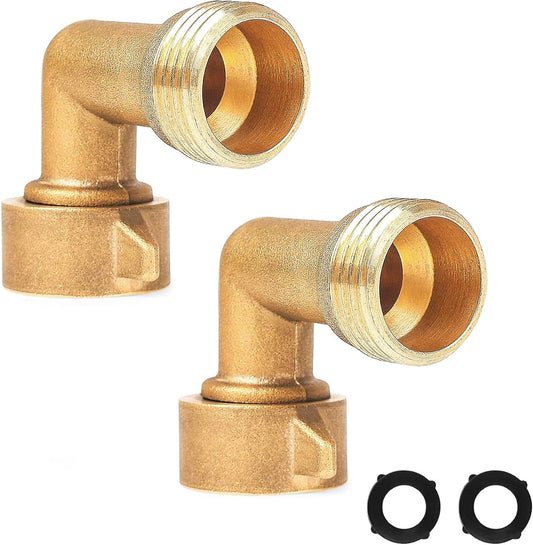 2 Pack 90 Degree Garden Hose Elbow Connectors, 3/4" Brass Hose Elbow with 2 Washers, Hose Adapter for RV Water Hookups Residential Outdoor Faucets
