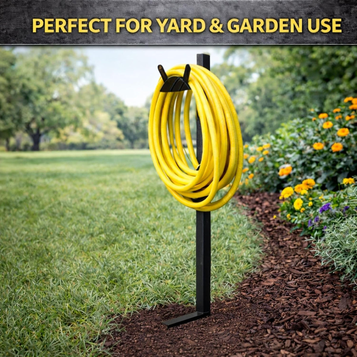 Garden Hose Holder - Upgraded Water Hose Hanger Holds 125ft, Heavy Duty Freestanding Garden Hose Reel Hanger for Outside Yard & Lawn (With Faucet)