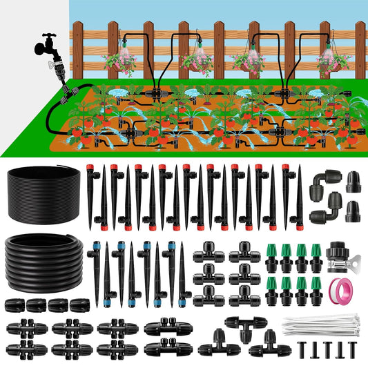 240FT Drip Irrigation System Kit, Garden Watering Misting System - 40FT 1/2" Main Tube & 200FT 1/4" Distribution Tubing - Adjustable Nozzles & Sprinklers for Garden Greenhouse, Lawn, Potted Plants