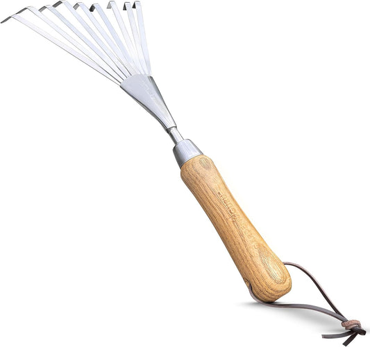 Eco Hand Rake Soil Tiller- 100% Recycled Stainless Steel - Rust Resistant - FSC Certified Wood Ergonomic Handle - Great for Gardening, Cultivating, Loosening Soil & Spreading Mulch