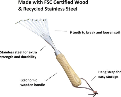Eco Hand Rake Soil Tiller- 100% Recycled Stainless Steel - Rust Resistant - FSC Certified Wood Ergonomic Handle - Great for Gardening, Cultivating, Loosening Soil & Spreading Mulch
