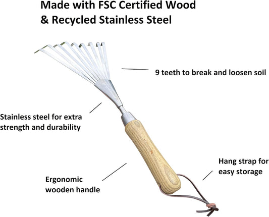 Eco Hand Rake Soil Tiller- 100% Recycled Stainless Steel - Rust Resistant - FSC Certified Wood Ergonomic Handle - Great for Gardening, Cultivating, Loosening Soil & Spreading Mulch