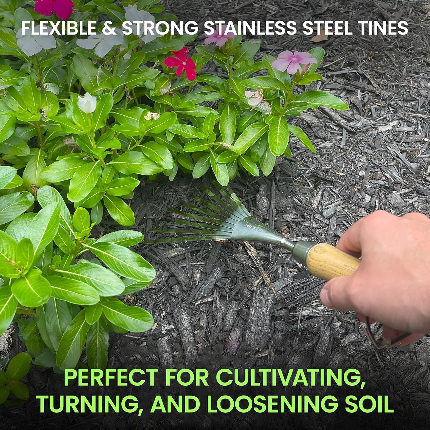 Eco Hand Rake Soil Tiller- 100% Recycled Stainless Steel - Rust Resistant - FSC Certified Wood Ergonomic Handle - Great for Gardening, Cultivating, Loosening Soil & Spreading Mulch