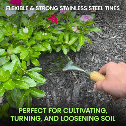 Eco Hand Rake Soil Tiller- 100% Recycled Stainless Steel - Rust Resistant - FSC Certified Wood Ergonomic Handle - Great for Gardening, Cultivating, Loosening Soil & Spreading Mulch