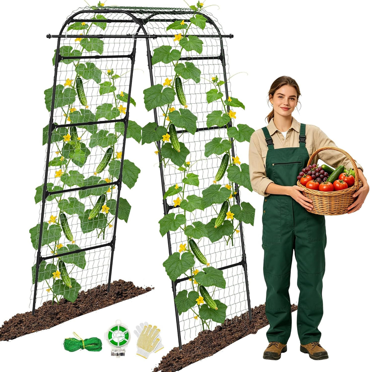Cucumber Trellis for Raised Bed, 63" Heavy Duty U-Shape Garden Trellis for Climbing Plants Outdoor, Rustproof Plastic Metal Arch Vegetables Trellis Plant Support for Vine, Fruits, Beans and Flowers