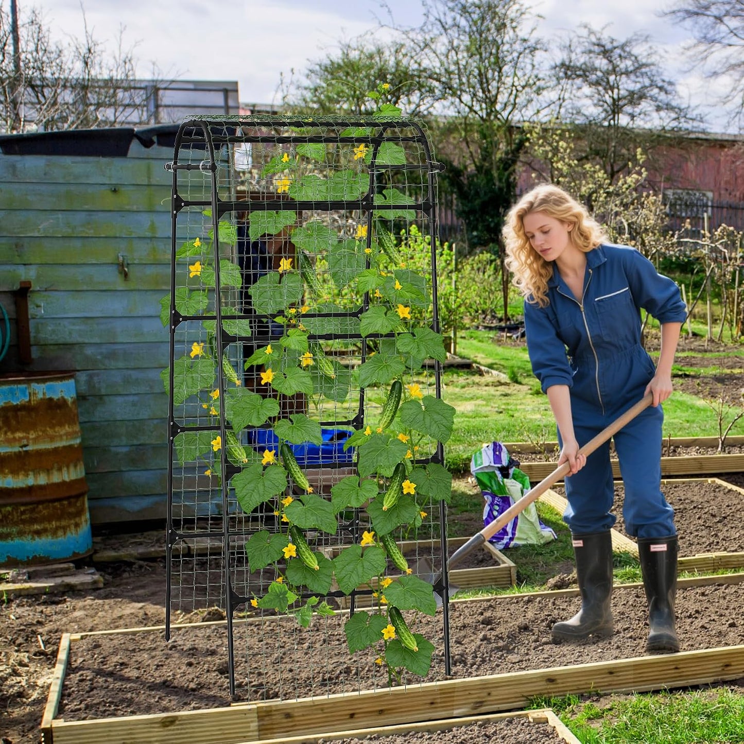 Cucumber Trellis for Raised Bed, 63" Heavy Duty U-Shape Garden Trellis for Climbing Plants Outdoor, Rustproof Plastic Metal Arch Vegetables Trellis Plant Support for Vine, Fruits, Beans and Flowers