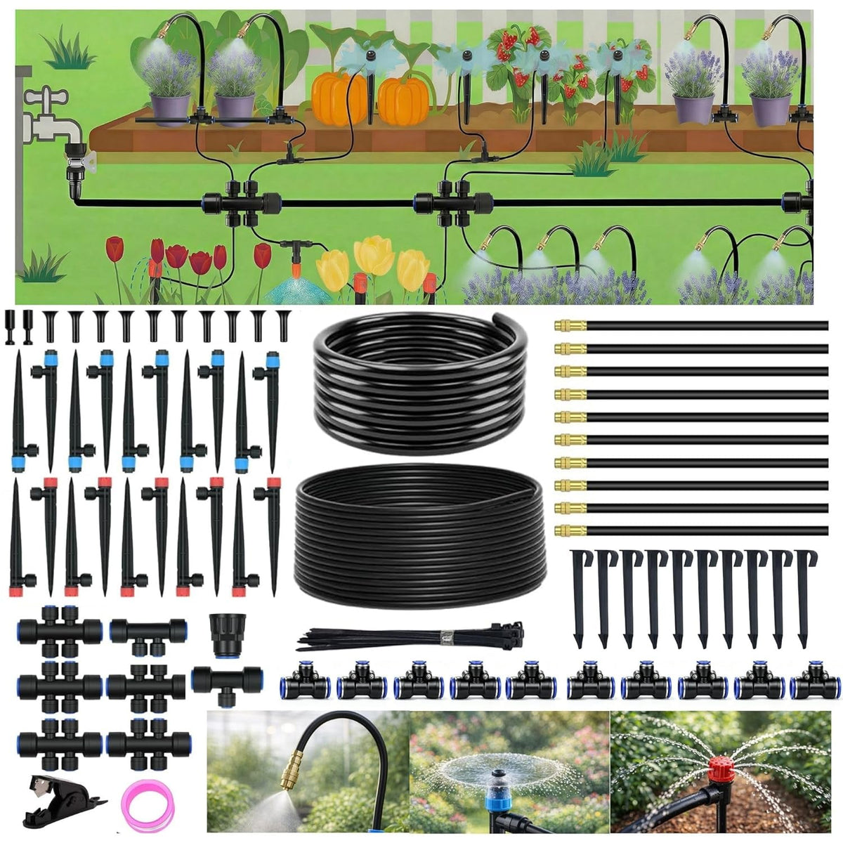 240FT Drip Irrigation System for Garden: Quick Connect 1/2" OD 5/16" ID PE Main Tubing Automatic Sprinkler Kit Adjustable Misting Part 1/4" Watering Hose for Outdoor Raised Bed Plants Flower Yard