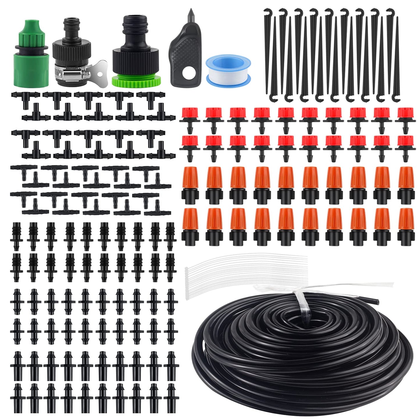 MSDADA Greenhouse Drip Irrigation Kit, 50ft Garden Automatic Irrigation System, 1/4" Blank Distribution Tubing Hose Adjustable Nozzle, Plant Watering System for Garden, Patio, Flower Bed, Lawn