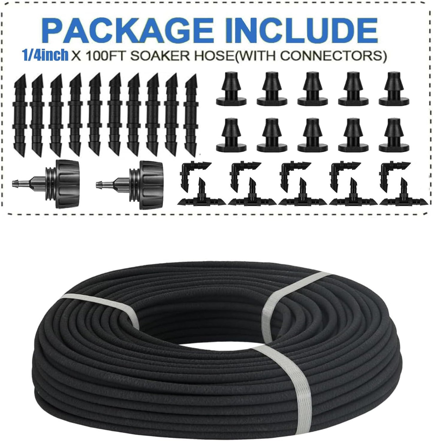 1/4 in Soaker Hose Tubing for Drip Irrigation,100FT Garden Beds Soaker Irrigation Tubing Hose with Various Accessories Rubber Longer Lasting Drip Irrigation for Watering Garden Beds Vegetable Lawn