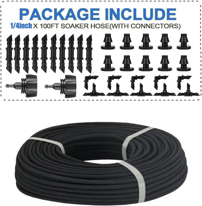 1/4 in Soaker Hose Tubing for Drip Irrigation,100FT Garden Beds Soaker Irrigation Tubing Hose with Various Accessories Rubber Longer Lasting Drip Irrigation for Watering Garden Beds Vegetable Lawn