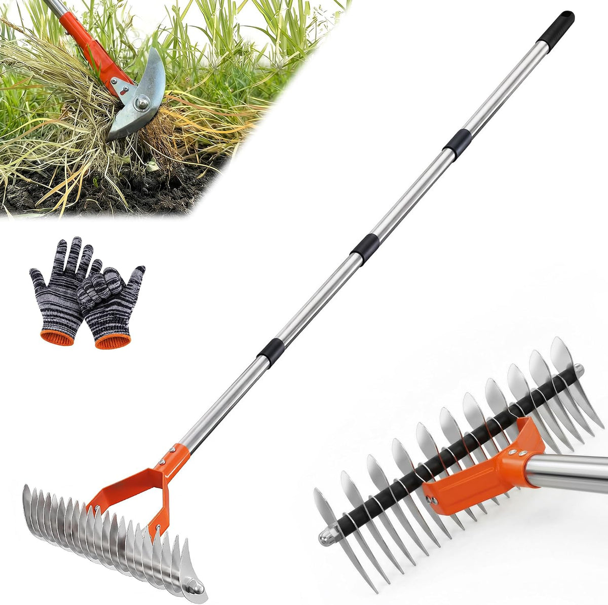 68" Adjustable Thatch Rake Dual-Action Tines, Dethatcher Tool for Lawn Care