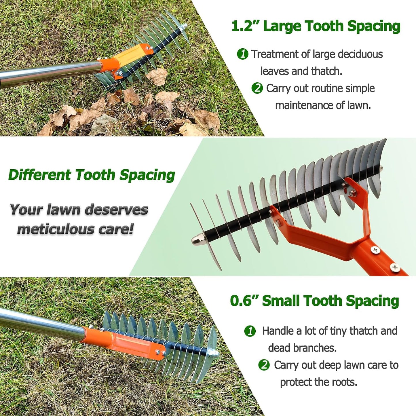 68" Adjustable Thatch Rake Dual-Action Tines, Dethatcher Tool for Lawn Care