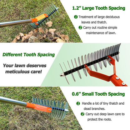 68" Adjustable Thatch Rake Dual-Action Tines, Dethatcher Tool for Lawn Care