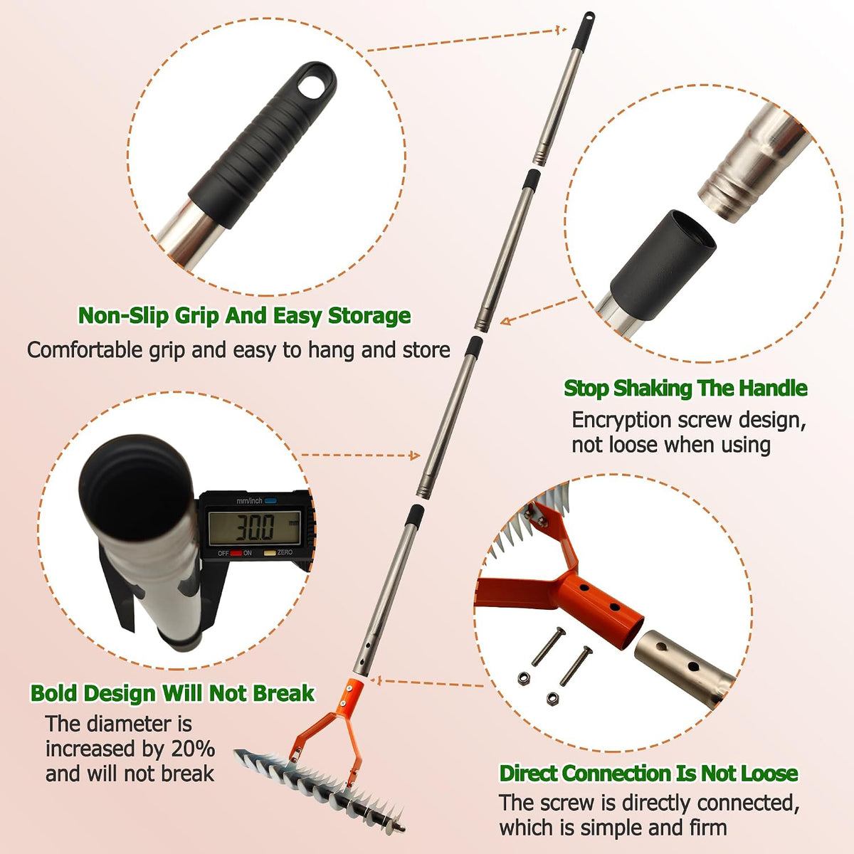 68" Adjustable Thatch Rake Dual-Action Tines, Dethatcher Tool for Lawn Care